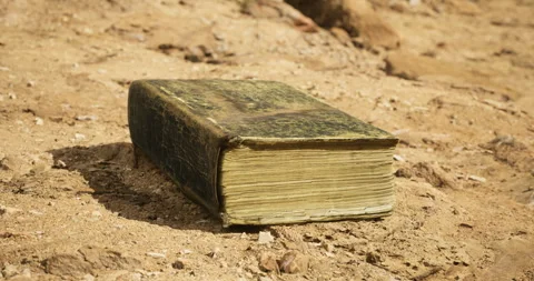 Ancient book resting on dry soil in an outdoor setting during daylight Video stock 315767578