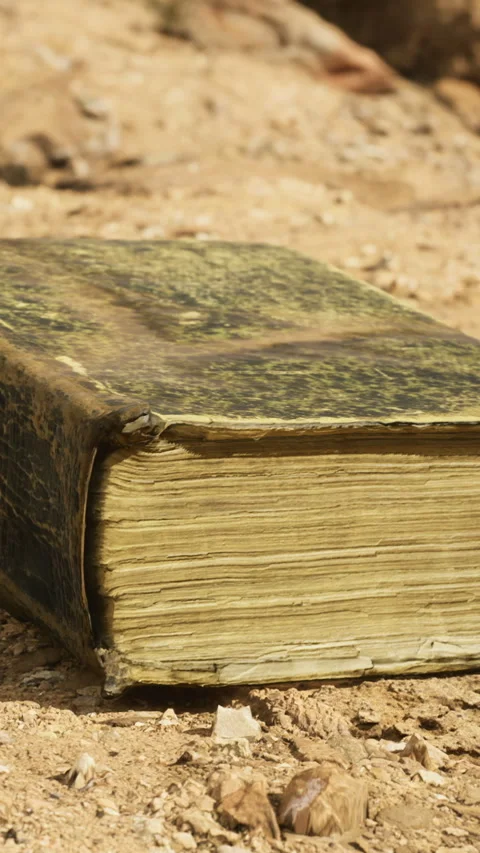 Ancient book resting on dry soil in an outdoor setting during daylight Video stock 327378979