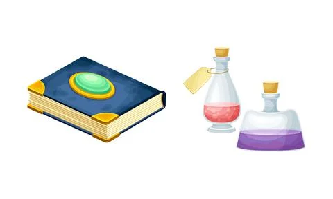 Ancient books with magic spells and magical elixirs. Witchcraft objects set 스톡 일러스트