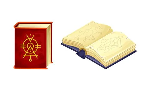 Ancient books with magic spells. Witchcraft objects set cartoon vector Stock Illustration
