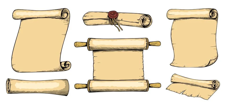 Ancient books. Parchment scroll color sketch drawing. Old rolls. Antique Stock Illustration