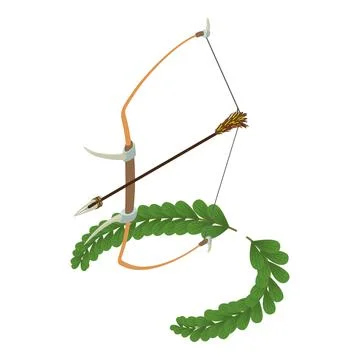 Ancient bow icon isometric vector. Wooden bow with arrow and green branch icon 스톡 일러스트