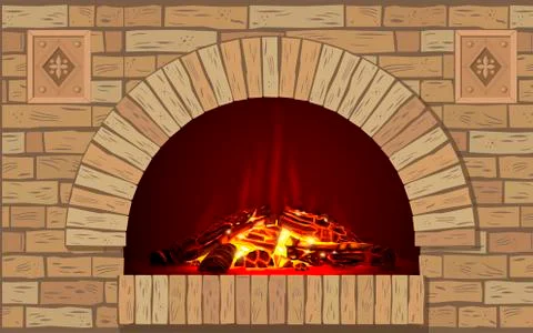 Ancient brick hearth with fire Stock Illustration