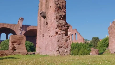 Ancient Brick Ruins with Basilica of Maxentius at the Roman Forum Stock Footage 338008471