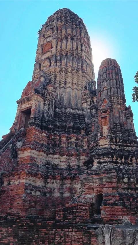 An ancient brick temple with a steep staircase leading up to a central tower. Stock Footage 307118170