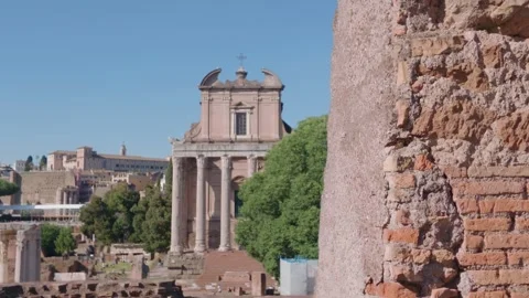 Ancient Brick Wall Framing Historic Temple at the Roman Forum Stock Footage 338008361