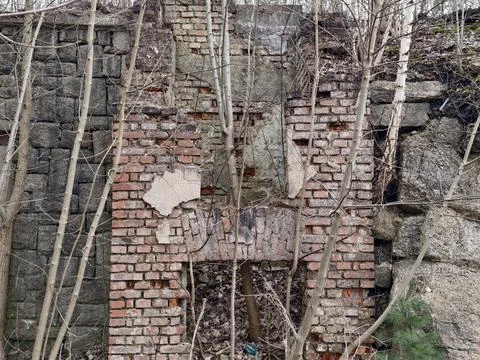 Ancient Brickwork Encroached Upon By Plants. Sunken Industrial Site Now Cov.. Stock Photos