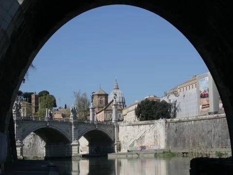 Ancient bridge and view of the city of Rome Stock Footage 74003082