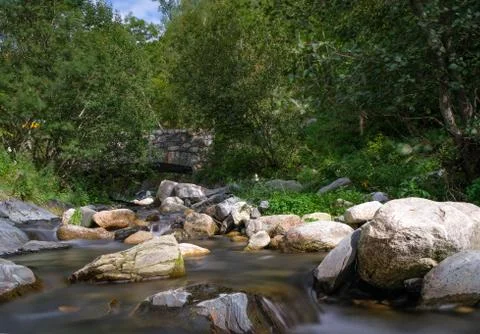 Ancient bridge over a mountain stream in the forest Stock Photos