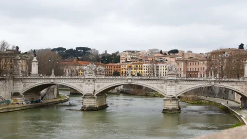 Ancient bridge over the Tiber River Stock Footage 130003673