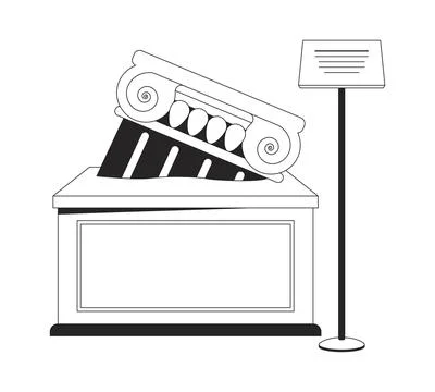 Ancient broken column exhibit black and white 2D line cartoon object Stock Illustration