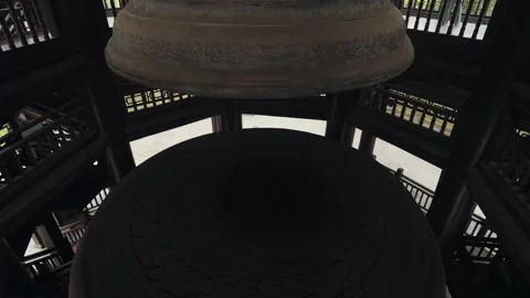 Ancient Bronze Bell Inside Ba Dinh Pagoda Complex, Hanoi, Vietnam Stock Footage 329754043