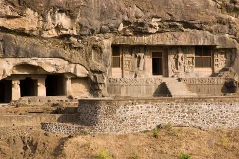 Ancient Buddhist Cave Temples At Ellora Stock Photos