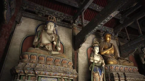Ancient Buddhist Statues Inside Traditional Chinese Temple Architecture Stock Footage 342108165