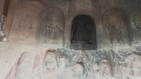 Ancient Buddhist Stone Carvings Inside Shibaoshan Temple Cave Stock Footage 336035840