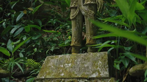 Ancient Buddhist Stone Statue Holding Sword in Tropical Jungle, Traditional Stock Footage 327797075