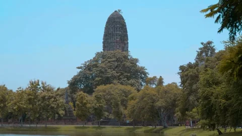 Ancient Buddhist Stupas made of red terracotta brick in Ayutthaya Stock Footage 308890964