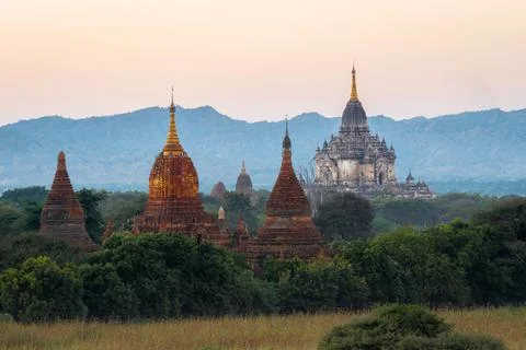 Ancient Buddhist Temples at Sunset in Old Bagan, Myanmar (Burma) Stock Photos