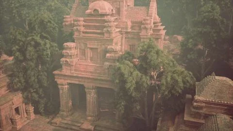 Ancient Building Amidst Dense Forest Ilustración de archivo