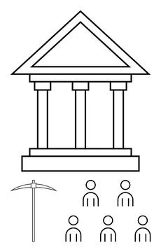 Ancient Building with Pillars, Pickaxe, and Five People Suggesting Governan.. Stock Illustration