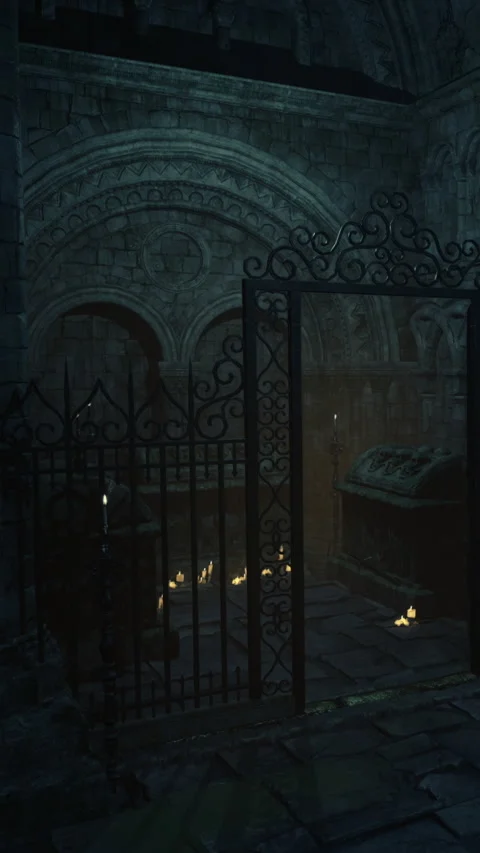 Ancient burial site with a gate in a dimly lit stone structure Stock Footage 334108777