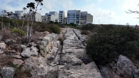 Ancient Cart Ruts on Xemxija heritage trail, parallel cartways groves cut into Stock Footage 341282553