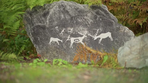 Ancient carvings found, Weathered rock displays animal engravings outdoors Stock Footage 333647547