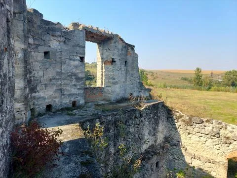 Ancient castle ruins interior with a view of the countryside Stock Photos