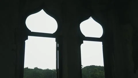 Ancient castle windows overlooking forest greenery Stock-Footage 340544051