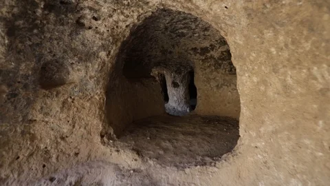 Ancient catacombs under a 7th century monastery in Iraq, hand carved Stock Footage