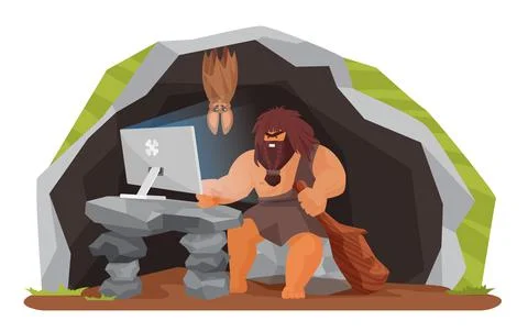 Ancient caveman using computer in prehistoric cave, stone age wild man sitting 스톡 일러스트