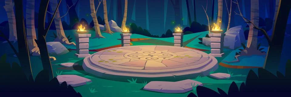Ancient celtic stone platform in forest at night Stock Illustration
