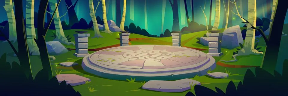 Ancient celtic stone platform in green forest Stock Illustration