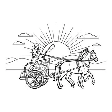 Ancient chariot coloring page with driver and horses against rising sun scene Stock Illustration