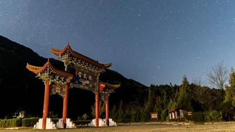 Ancient Chinese Architecture with Milky Way Galaxy and Starry Night Time-lapse Stock Footage 326697337