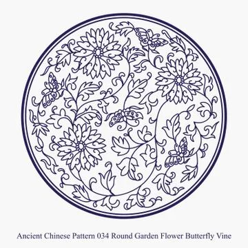 Ancient Chinese Pattern of Round Garden Flower Butterfly Vine Stock Illustration
