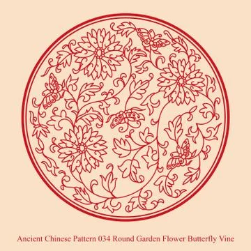 Ancient Chinese Pattern of Round Garden Flower Butterfly Vine Stock Illustration