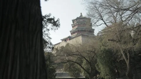 Ancient Chinese Pavilion Seen Through Trees at Summer Palace Beijing China Stock Footage 341781653