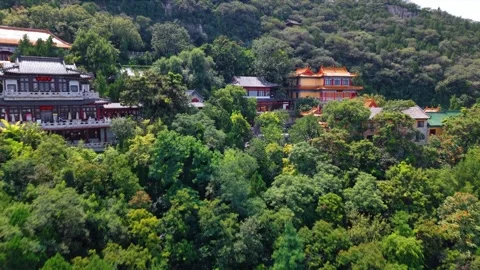 Ancient Chinese Temple Complex on Lush Thousand Buddha Mountain Stock Footage 331218682