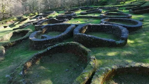 Ancient Circular Stone Foundations At Castro De Borneiro Vídeos de archivo 332054483