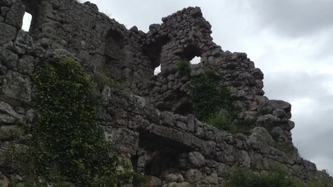 Ancient citadel and red wild cat in mountains at Mangup Kale - Crimea , Russia Stock Footage 73717372