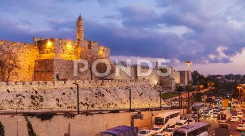 Ancient Citadel inside Old City at Night, Jerusalem Stock Photos