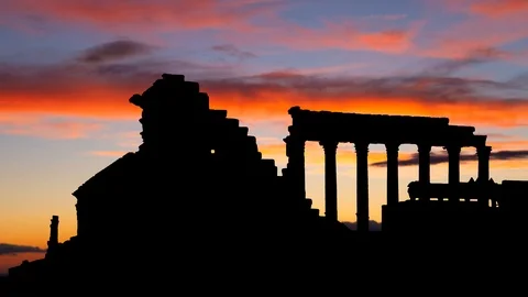 Ancient City of Palmyra at Twilight, destroyed by Islamic State, Syria Stock Footage 111415779