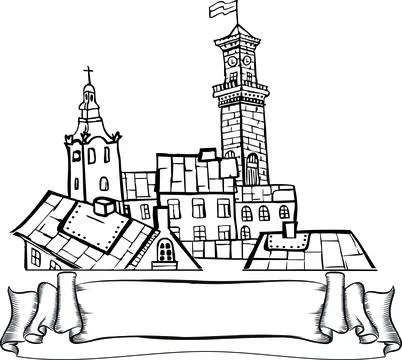 An ancient city, rooftops, a tower, a clock on the tower, a beautiful city Stock Illustration