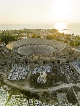 Ancient city of Side, Turkey. The largest amphitheater in Turkey. The main Stock Photos