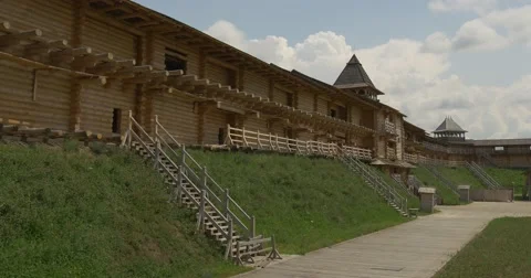 Ancient City Wall, Side View, Wall Is on a Green Hill, Stairs to the Wall Stock Footage 52239762