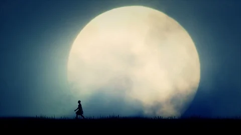 Ancient Civilization Man Walking on Full Moon Background Stock Footage 95162816