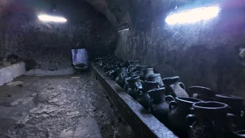 Ancient clay containers or amphorae to hold oil used to light sacred lamps Stock Footage 280534148