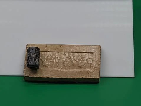 Ancient clay seal matrix with engraved figures on green background Stock Photos