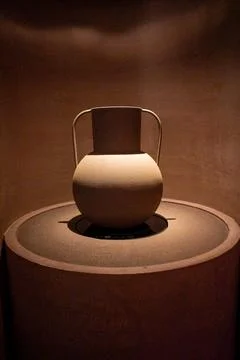 Ancient clay vessel with handle, displayed on circular pedestal Stock Photos